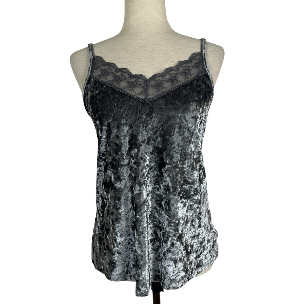 Vintage Y2K No Boundaries Top Medium Grey Crushed Velvet Lace Cami Whimsigoth
